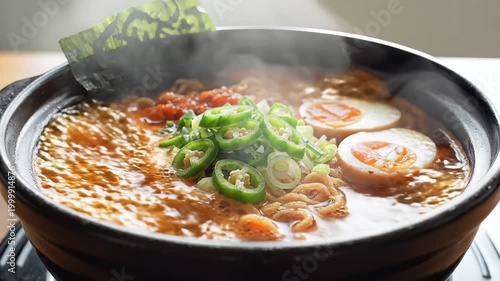 Delicious steaming bowl of ramen noodles with egg and green onions.