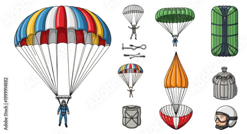 Skydiver equipment includes colorful parachutes, helmets, and a.