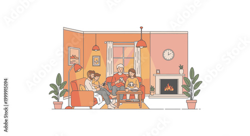 Illustration of a family sitting together in a cozy living room with a fireplace and plants, conveying a warm and intimate atmosphere.