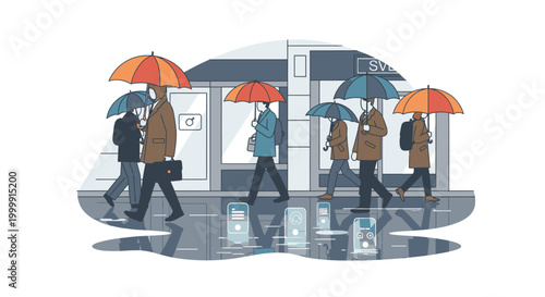 Illustration of people walking with umbrellas on a rainy day at a bus stop with a white background.