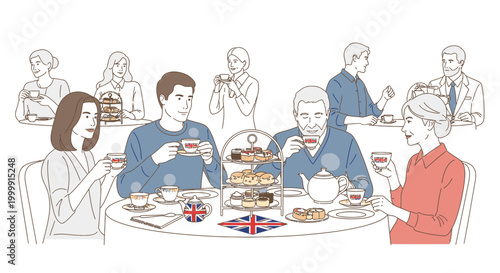 Illustration of a diverse group of people enjoying a traditional English tea with sandwiches and cakes around a table featuring the UK flag.