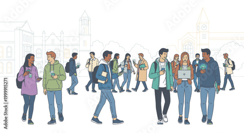 Illustration of diverse group of young adults walking in a line with cityscape background in a flat, colorful style conveying a lively and youthful mood.