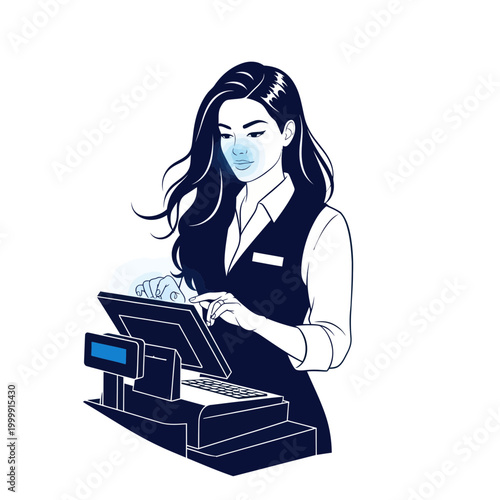 Cashier using touch screen POS system for customer payment with facial recognition scan