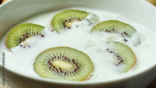 Fresh Kiwi Slices in Creamy Yogurt Bowl with Milk Pour.