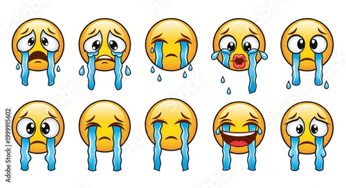 Collection of Sad Crying Emoji Faces Expressing Different Emotions.