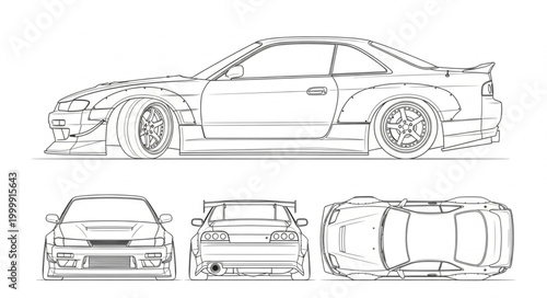 Detailed sketch of a sports car blueprint with multiple views.