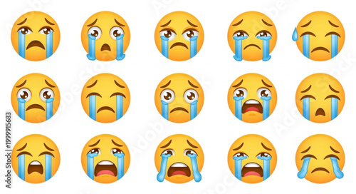 Collection of Sad Crying Emoji Faces Expressing Grief and Sorrow.