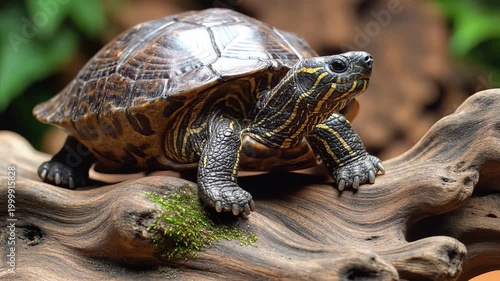 Closeup of a Chinese Stripenecked Turtle resting on driftwood.