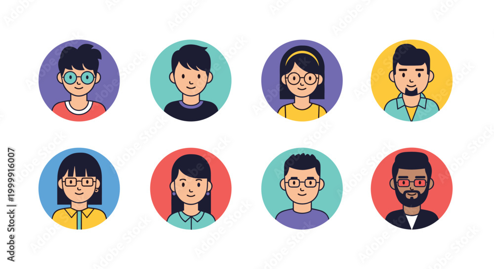 Fototapeta premium Eight diverse character avatars including men and women with various hairstyles and glasses in colorful circular frames.