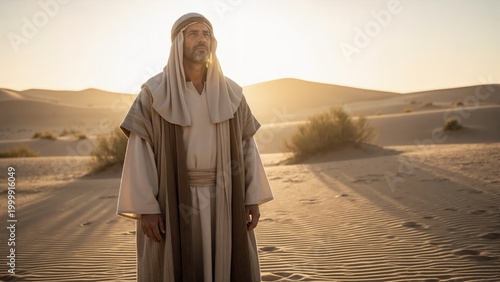 Man in ancient biblical robes stands alone in desert at sunrise. Historical prophet on spiritual journey of faith and hope