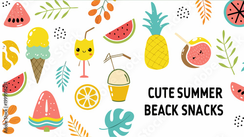 Colorful summer dessert and beach snack vector illustrations with fruits and drinks