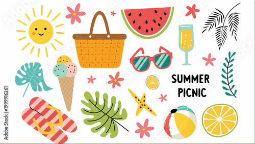Colorful summer picnic vector elements set with beach accessories food and drinks