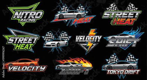 Collection of racing car logos and emblems with checkered flags.