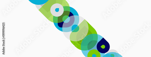 Abstract circles overlap, creating vibrant green, blue hues. Minimalist design, clean background, modern aesthetic. Simple shapes suggest movement.