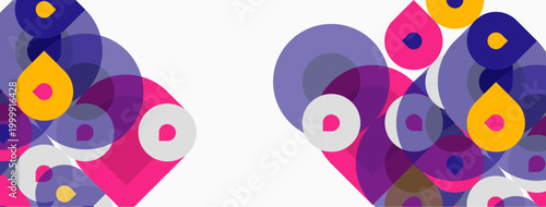 Abstract circles overlap, creating vibrant patterns. Pink, purple, yellow hues dominate white background. Modern design element.