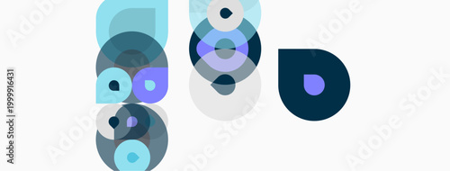 Abstract composition featuring overlapping circles, varying shades blue, purple. Minimalist design, clean aesthetic, modern feel.