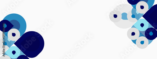 Abstract shapes, circles, squares overlap. Blue, white color scheme dominates. Minimalist design, clean aesthetic. Modern graphic element.