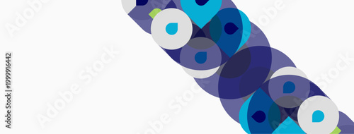 Abstract circles overlap, creating layered blue, purple hues. White space dominates composition. Modern design element.