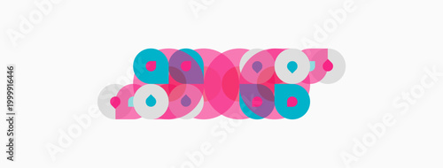 Abstract composition featuring overlapping circles. Pink, teal, lavender hues create playful visual texture. Simple shapes dominate design.