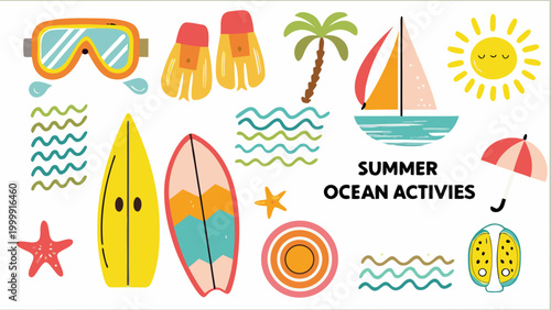 Vibrant summer ocean activities vector set with surfing snorkeling and sailing icons on white background