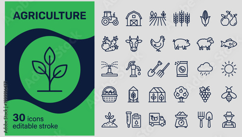 Agriculture icons set with editable stroke and thirty different symbols for farming and gardening activities