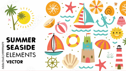 Vibrant summer seaside travel elements set with sailboats palm trees and beach icons in colorful flat design style