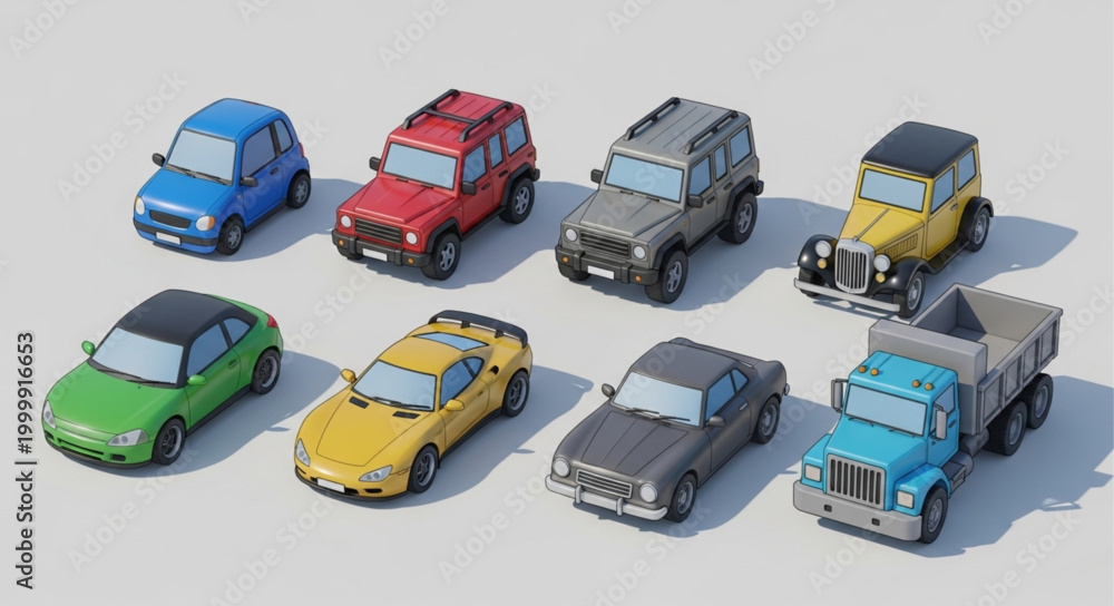 Fototapeta premium Collection of toy cars in various colors and styles.