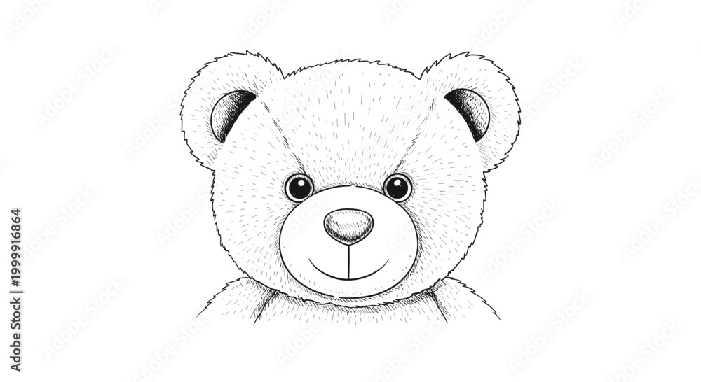 Obraz premium Detailed black and white stippled drawing of a teddy bear head with a friendly expression on a clean white background.