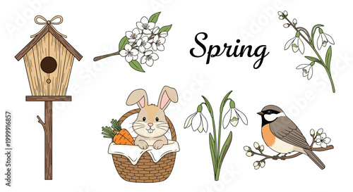 Comprehensive collection of spring symbols including a birdhouse, rabbit in a basket, flowers, a small bird, and the word spring in cursive.