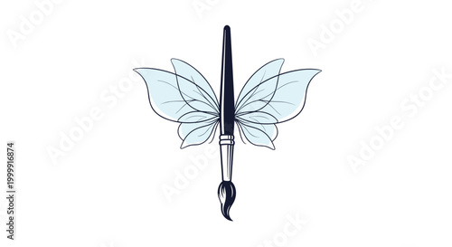 Artistic illustration of a single black paintbrush with delicate blue butterfly wings emerging from its center on a white background.