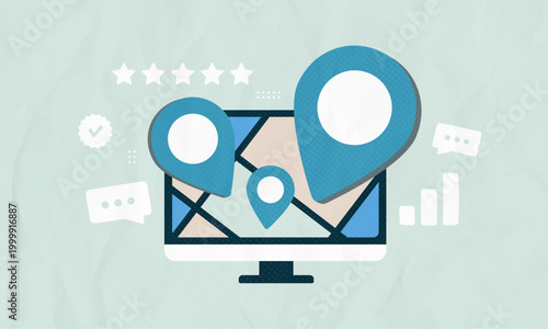 Local SEO with business listing and location ranking in digital map interface. Improve local visibility and customer reach through location targeting and search ranking vector illustration