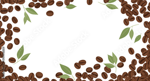 Frame of roasted brown coffee beans and fresh green leaves surrounding a large white copy space for a cafe-themed design.