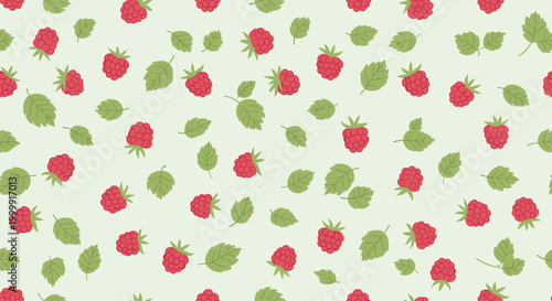 Vibrant seamless pattern featuring ripe red raspberries and fresh green leaves scattered across a light green background.