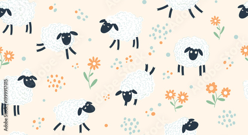 Cute seamless pattern featuring fluffy white sheep grazing among small orange wildflowers and dots on a soft peach background.