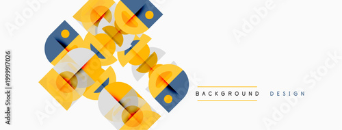 Abstract geometric shapes overlap, creating dynamic visual texture. Warm colors dominate design, suggesting modern aesthetic.