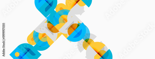 Abstract geometric shapes overlap, creating dynamic visual texture. Blue, yellow, gray tones dominate composition. Minimalist design.