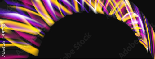 Abstract colorful light streaks form arch shape against black background. Vivid hues create dynamic visual effect.