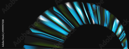 Abstract blue metallic arc. Gradient shades create dynamic visual effect. Minimalist design, dark background emphasizes form.