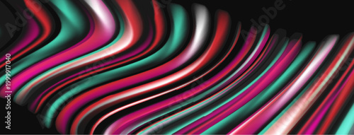 Abstract colorful waves flow diagonally across dark background. Smooth curves create dynamic visual texture. Vibrant shades dominate composition.