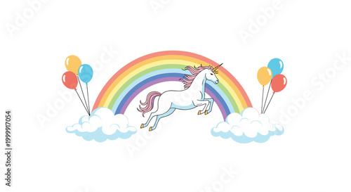 Magical white unicorn leaping gracefully over a colorful rainbow between two fluffy clouds with bunches of balloons on a white background.