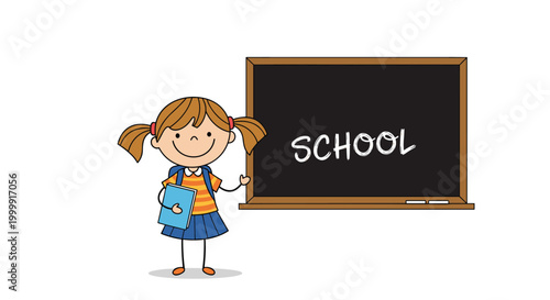 Happy school girl in a uniform carrying a book and standing next to a large chalkboard with the word school on it.