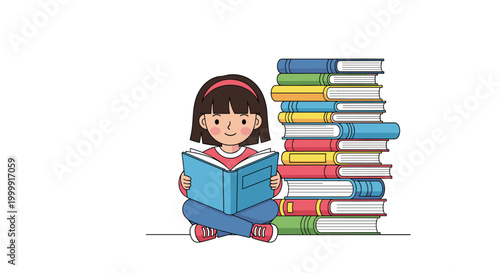 Studious young girl sitting on the floor reading a blue book next to an impressively tall stack of colorful books on a white background.