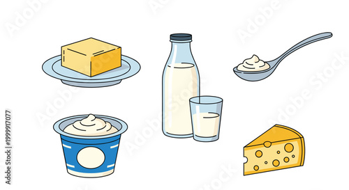 Essential dairy products set featuring a block of butter, a bottle of milk, a cup of yogurt, and a wedge of holey cheese.