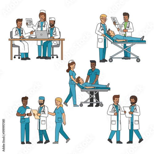 Diverse medical team collaborating on patient care and research in a modern clinic setting