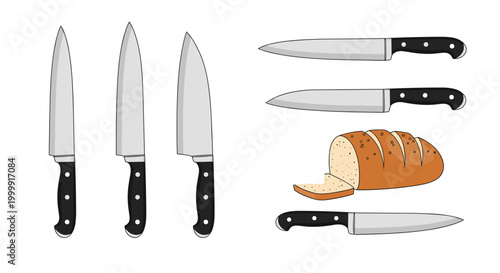 Professional kitchen knives collection featuring various blades for different tasks and a fresh loaf of sliced whole grain bread.