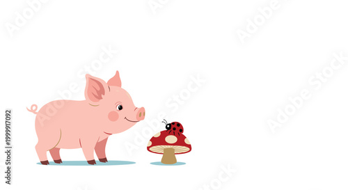 Small pink piglet looks curiously at a red ladybug resting on a spotted mushroom in a minimalist flat illustration style.