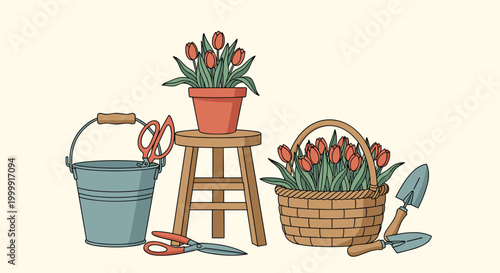 Assorted gardening equipment including a metal bucket, stool, potted tulips, and hand tools are neatly arranged for a spring planting session.