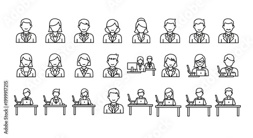 Set of business people icons in hand drawn sketch style.