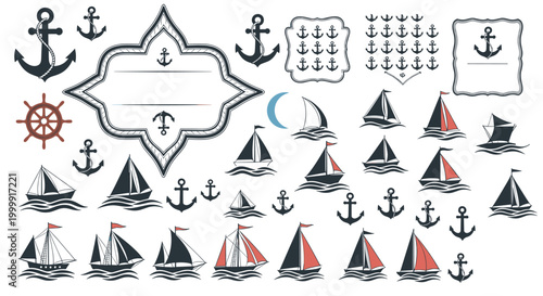Nautical-themed collection displays various sailboats, ship anchors, steering wheels, frames, and a moon in a vintage maritime style.