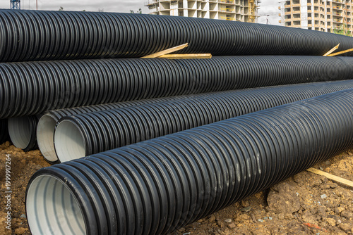 Принти на полотні Corrugated pipes prepared for trench installation to wastewater drainage and con